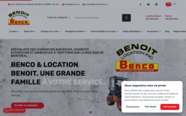 Site web de Benco, catalogue de machinerie